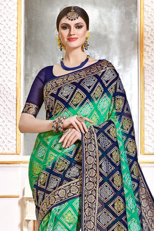 Sapphire Rose Blue And Green Printed Banarasi Saree