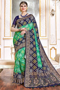 Sapphire Rose Blue And Green Printed Banarasi Saree