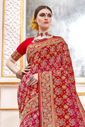 Scarlet Red And Rouge Pink Printed Banarasi Saree