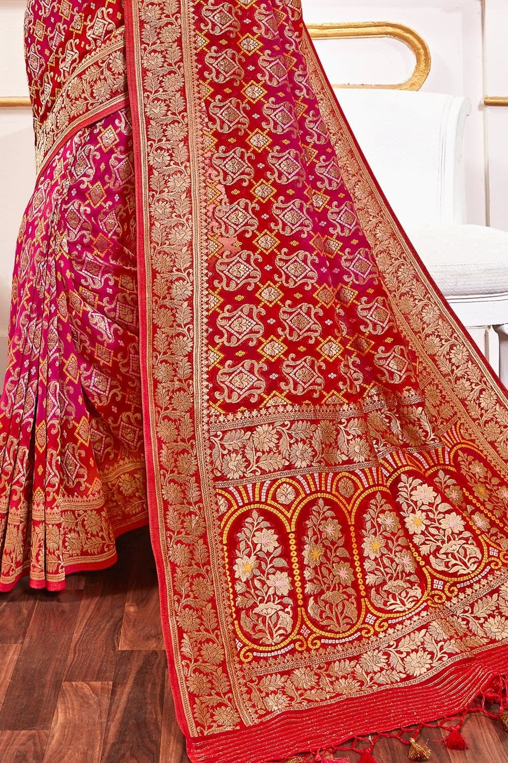 Scarlet Red And Rouge Pink Printed Banarasi Saree