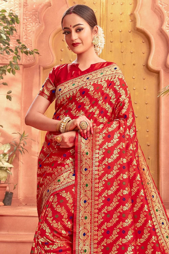 Banarasi Saree Scarlet Red Heavy Zari Woven Banarasi Saree saree online