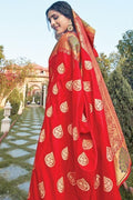 Scarlet Red Leaf Butta Banarasi Saree