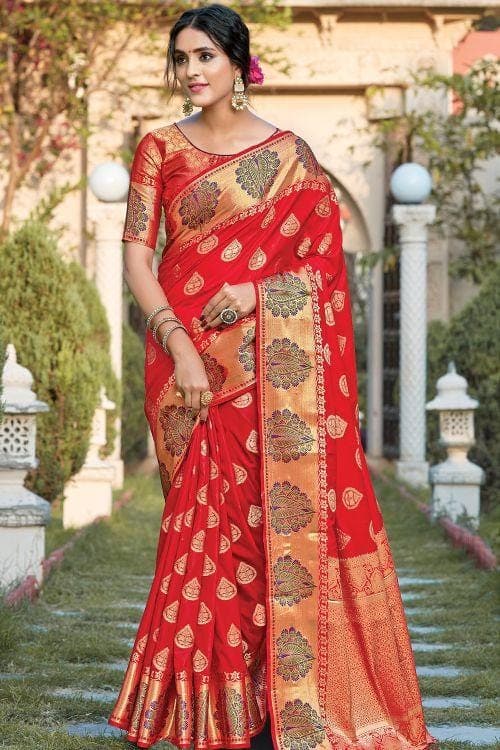 Scarlet Red Leaf Butta Banarasi Saree