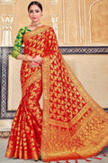 Scarlet Red Zari Butta Banarasi Saree