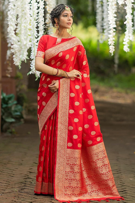 Scarlet Red Zari Butta Saree