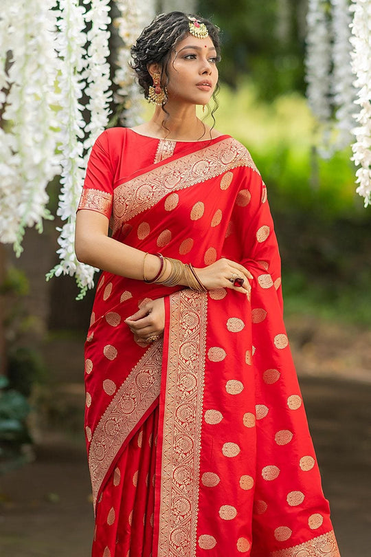 Scarlet Red Zari Butta Saree