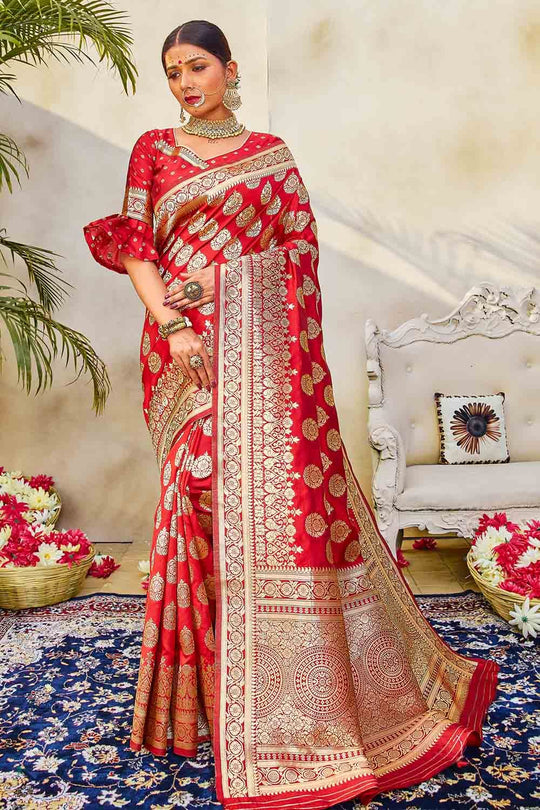 Banarasi Saree Scarlet Red Zari Butta Woven Banarasi Saree saree online