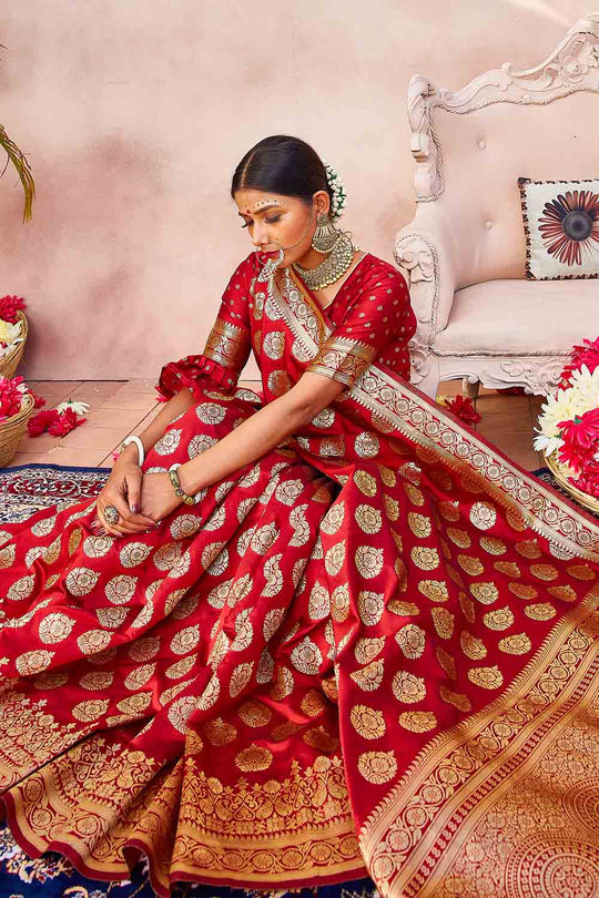 Banarasi Saree Scarlet Red Zari Butta Woven Banarasi Saree saree online