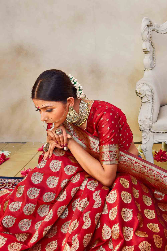 Banarasi Saree Scarlet Red Zari Butta Woven Banarasi Saree saree online