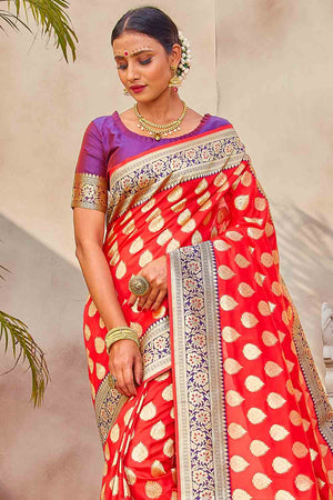 Scarlet Red Zari Butta Woven Banarasi Saree