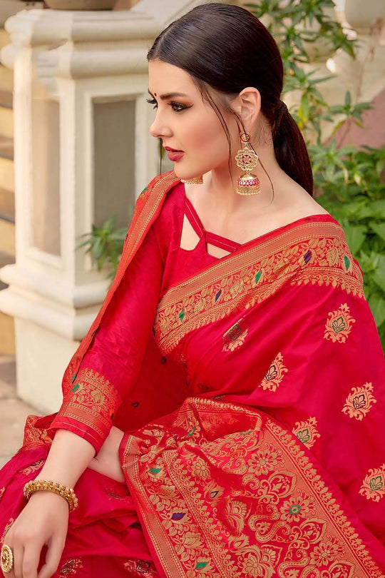Scarlet Red Zari Woven Banarasi Saree