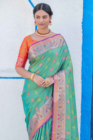 Sea Green Soft Silk Banarasi Saree