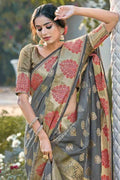 Seal Grey Leaf Butta Banarasi Saree