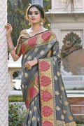 Seal Grey Leaf Butta Banarasi Saree