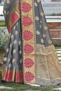 Seal Grey Leaf Butta Banarasi Saree