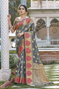 Seal Grey Leaf Butta Banarasi Saree