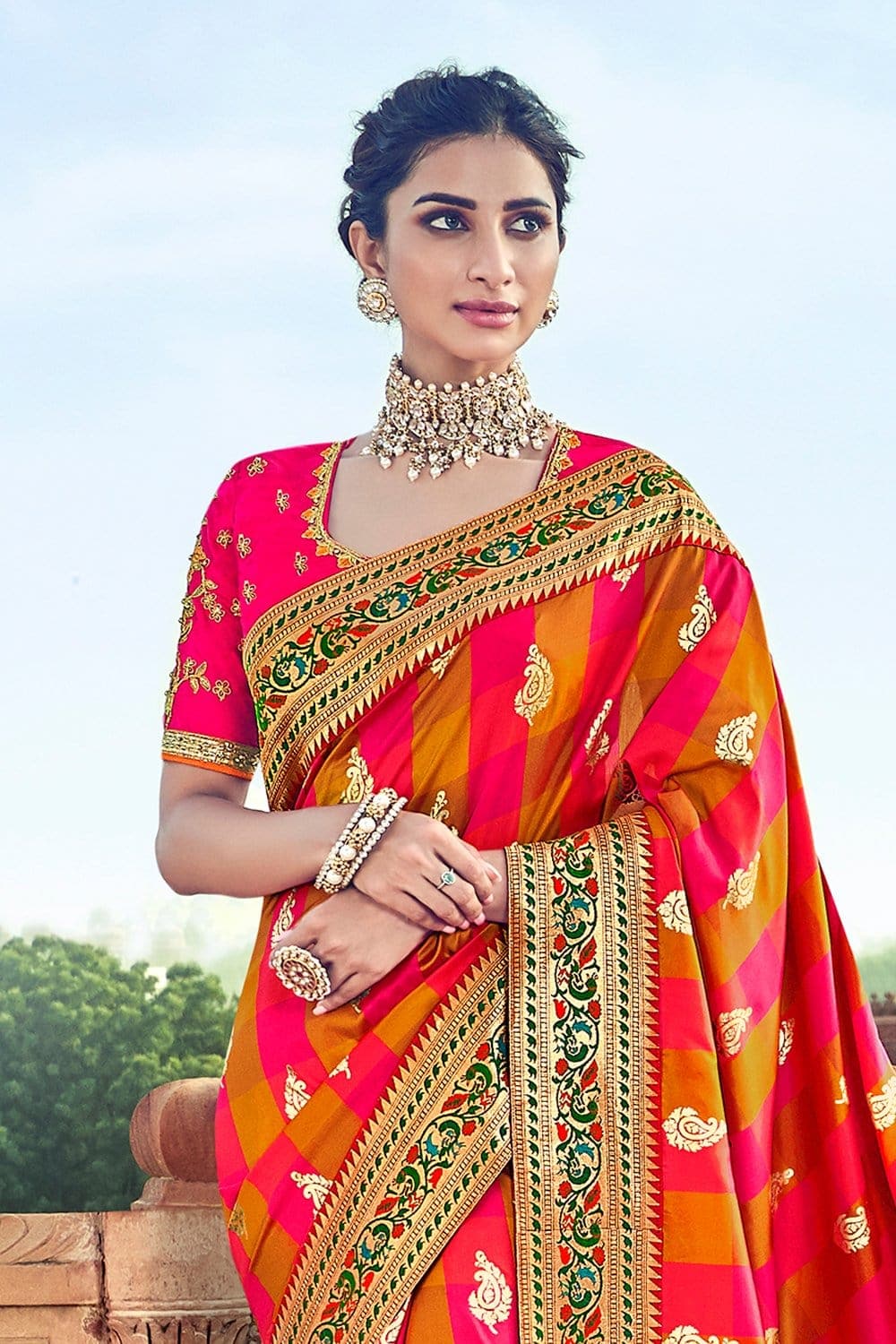 Buy Shades of yellow,pink banarasi saree online at best price - Karagiri