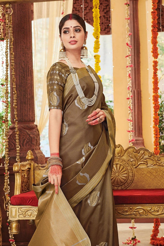 Sienna Brown Zari Butta Woven Banarasi Saree