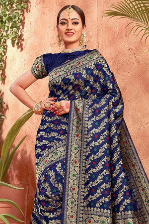 Space Blue Heavy Zari Woven Banarasi Saree