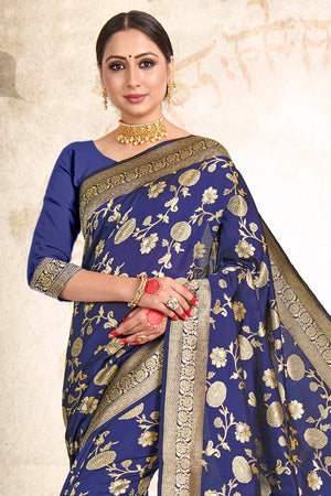 Space Blue Printed Banarasi Saree