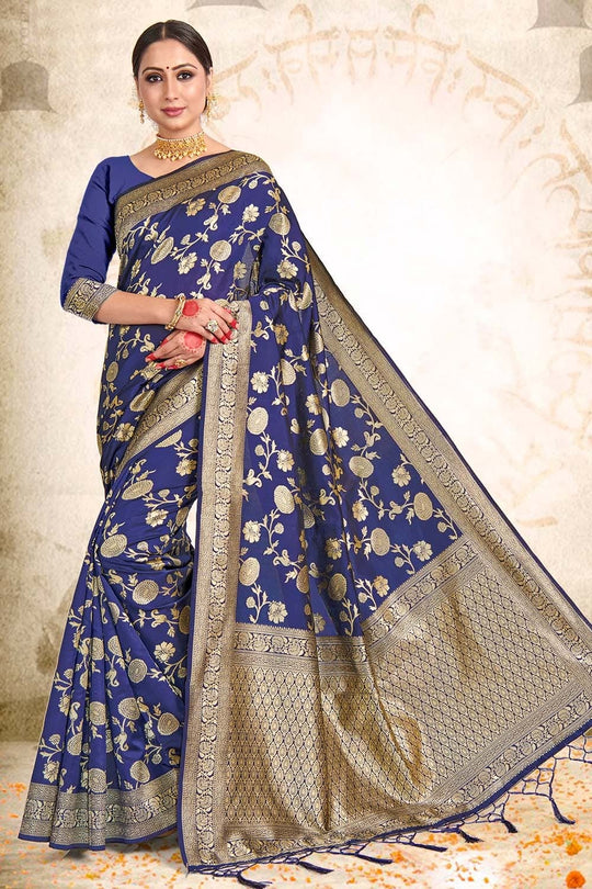 Space Blue Printed Banarasi Saree