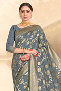 Steel Grey Printed Banarasi Saree