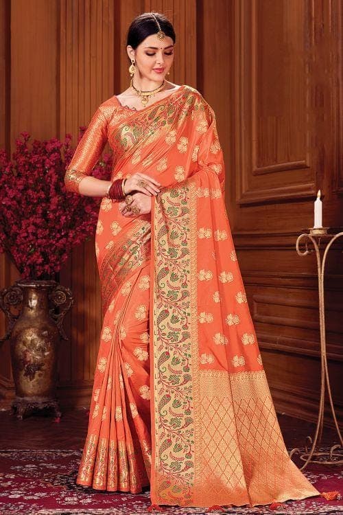 Tangerine Orange Banarasi Saree