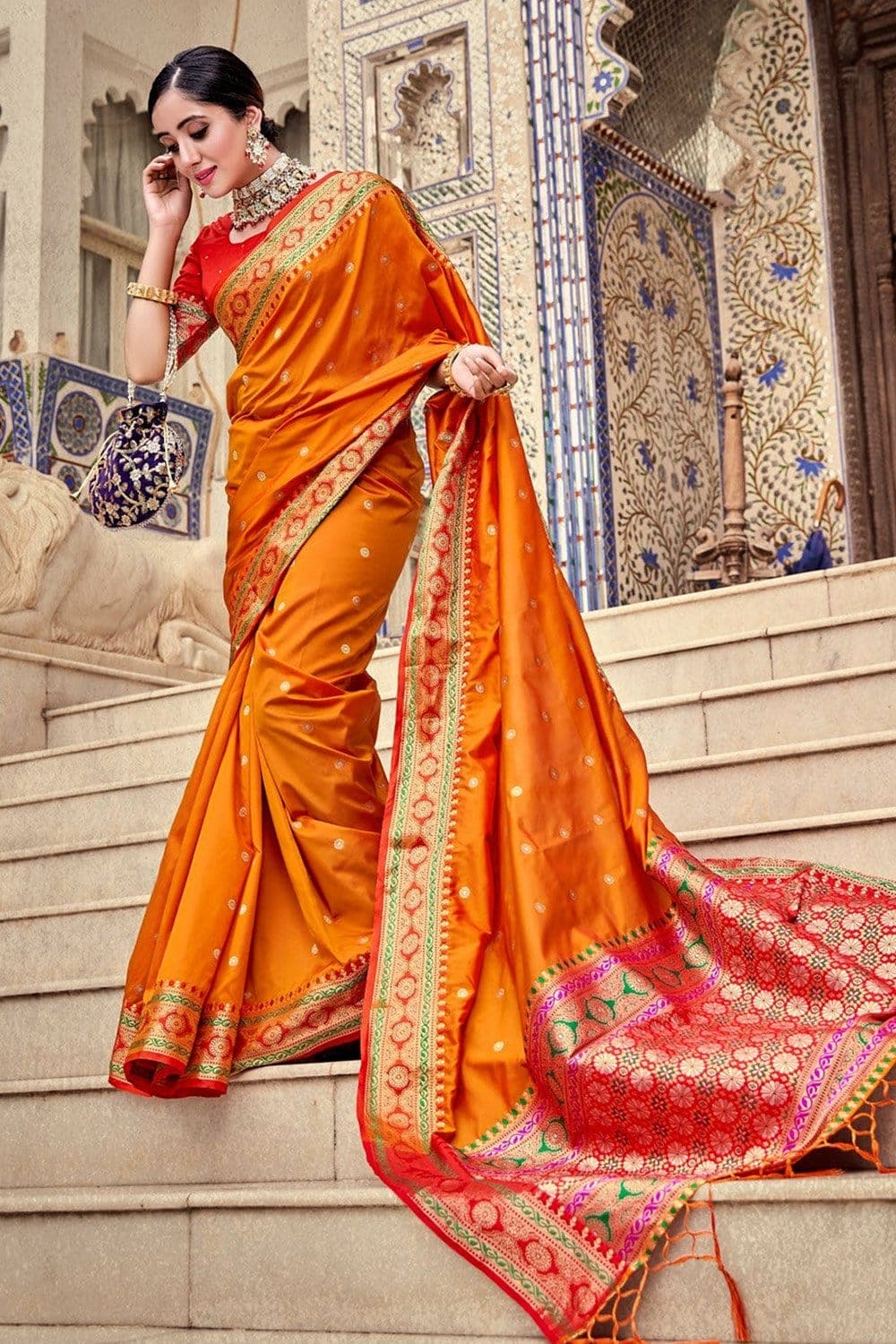Traditional Orange Banarasi Silk Weaved Zari Saree SARV158168