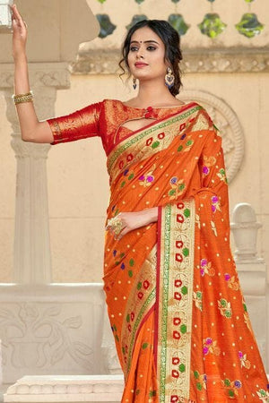 Tangerine Orange Floral Zari Woven Banarasi Saree