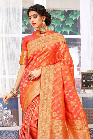 Tangerine Orange Intricate Jaal Woven Banarasi Saree