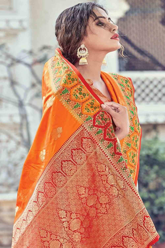 Tangerine Orange Zari Banarasi Saree