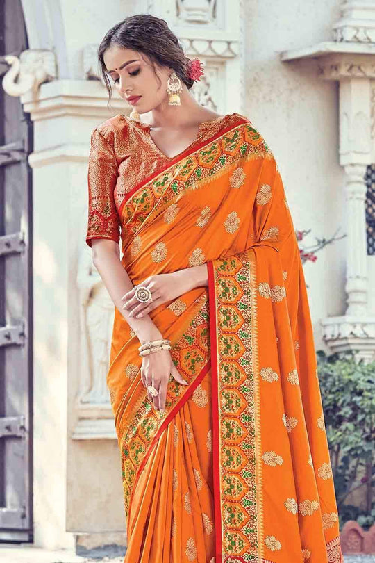 Tangerine Orange Zari Banarasi Saree