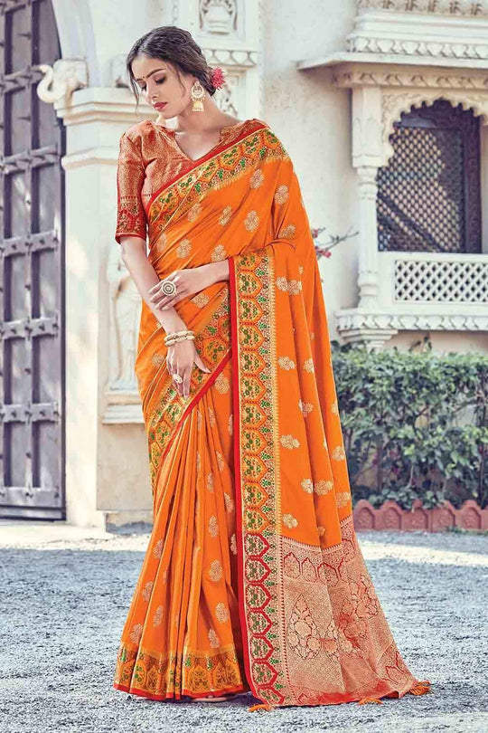 Tangerine Orange Zari Banarasi Saree