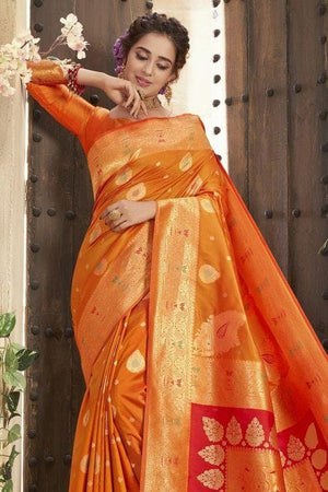 Tangy Orange Heavy Embroidery Banarasi Saree