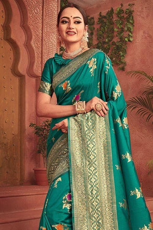 Teal Blue Banarasi Saree