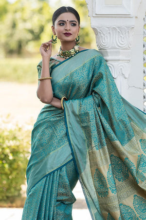 Teal Blue Banarasi Saree
