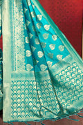 Teal Blue Printed Banarasi Saree