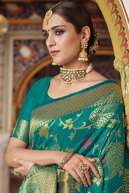 Teal blue woven banarasi brocade Saree - Buy online on Karagiri - Free shipping to USA