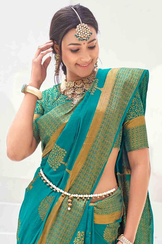 Teal Blue Zari Butta Woven Banarasi Saree