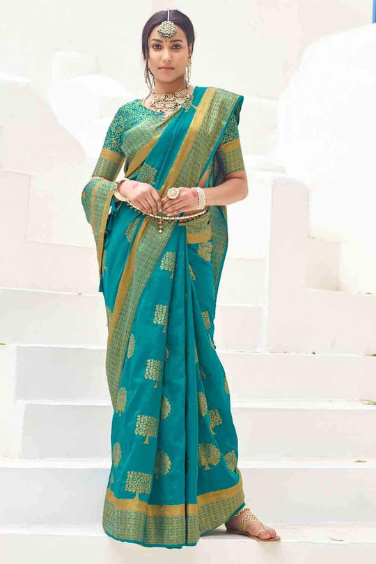 Teal Blue Zari Butta Woven Banarasi Saree