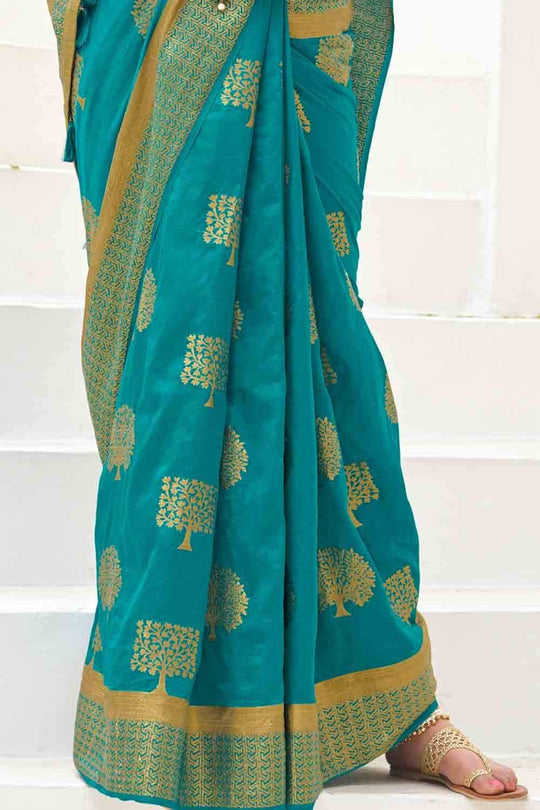 Teal Blue Zari Butta Woven Banarasi Saree