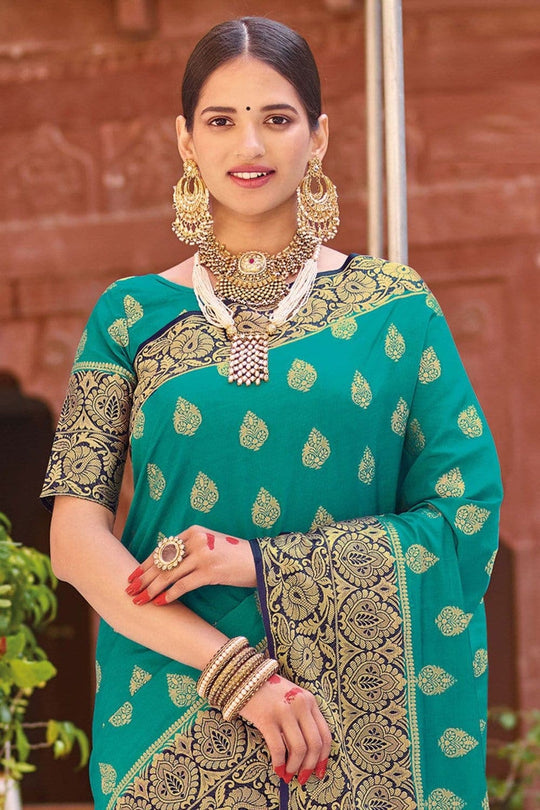 Teal Blue Zari Butta Woven Banarasi Saree