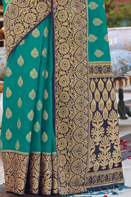 Teal Blue Zari Butta Woven Banarasi Saree