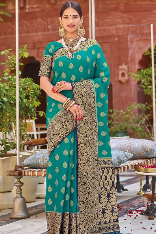 Teal Blue Zari Butta Woven Banarasi Saree