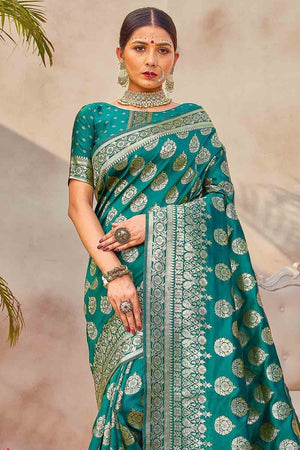 Teal Blue Zari Butta Woven Banarasi Saree