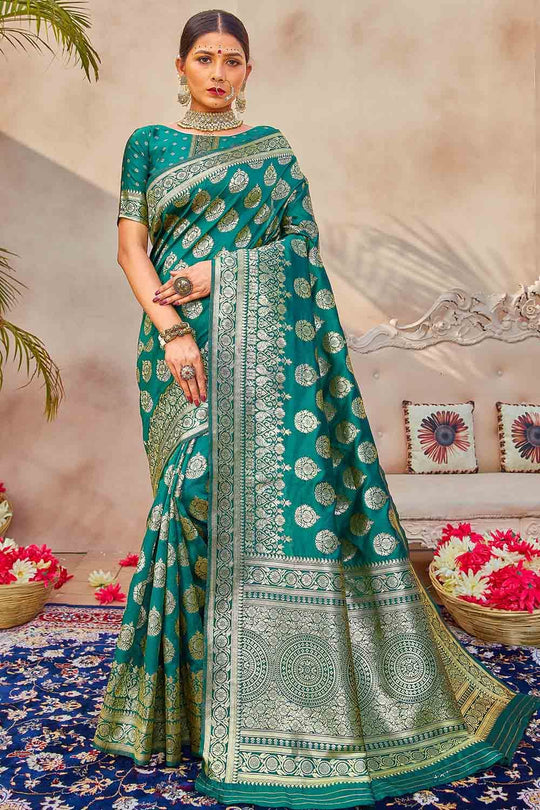 Banarasi Saree Teal Blue Zari Butta Woven Banarasi Saree saree online