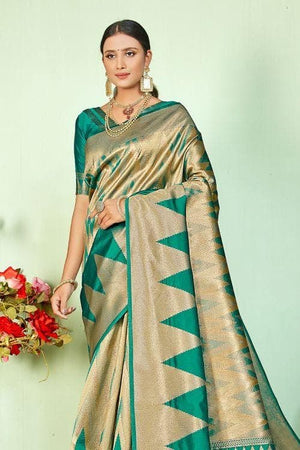 Teal Blue Zari Woven Banarasi Saree