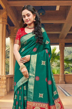 Teal Blue Zari Woven Banarasi Saree