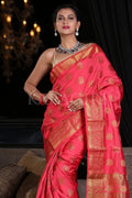 Tomato Red Zari Butta Woven Banarasi Saree