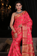 Tomato Red Zari Butta Woven Banarasi Saree